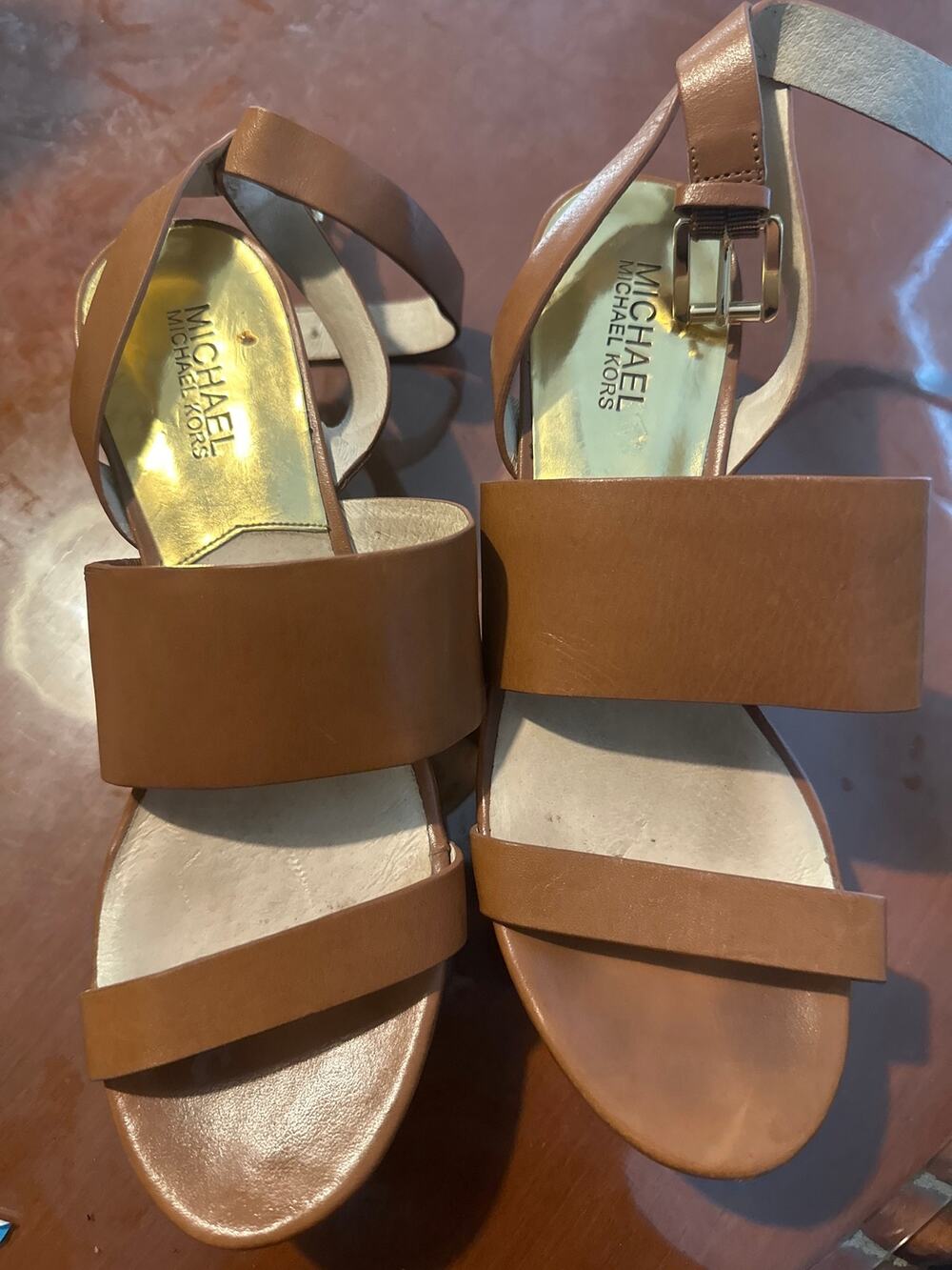 Michael Kors Cognac Leather Strappy Wedge Sandals Size 8